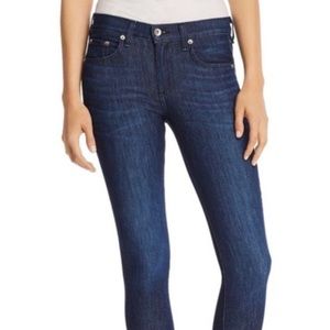 Rag & Bone ankle skinny with raw hem jean in tonal river color.
